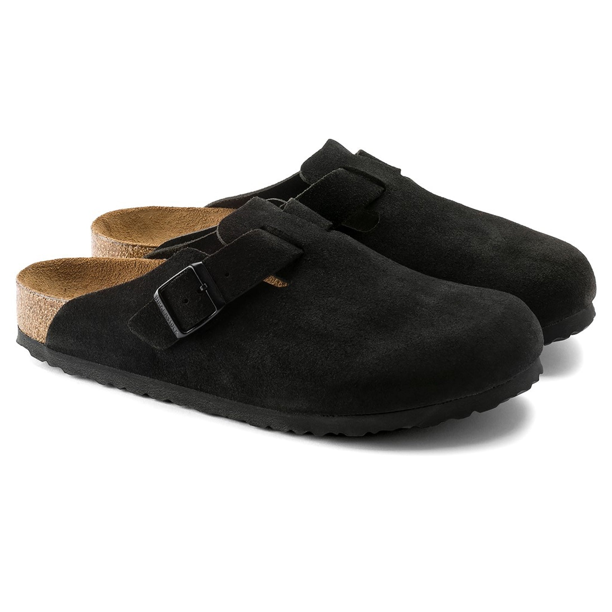 Front side view of Birkenstock Boston Suede Flat Sandals Black 0660471